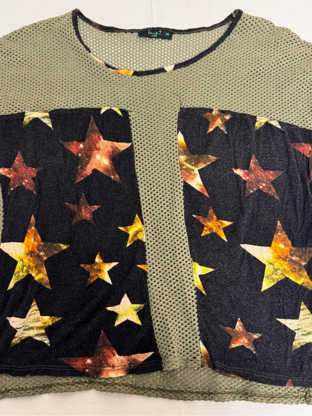love J Olive Green Mesh Top with Black Star Print Panels